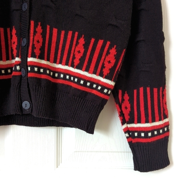 Beldoch Popper 80's Vintage Fair Isle & Pinched Knit Cardigan Sweater Black L - Picture 6 of 9